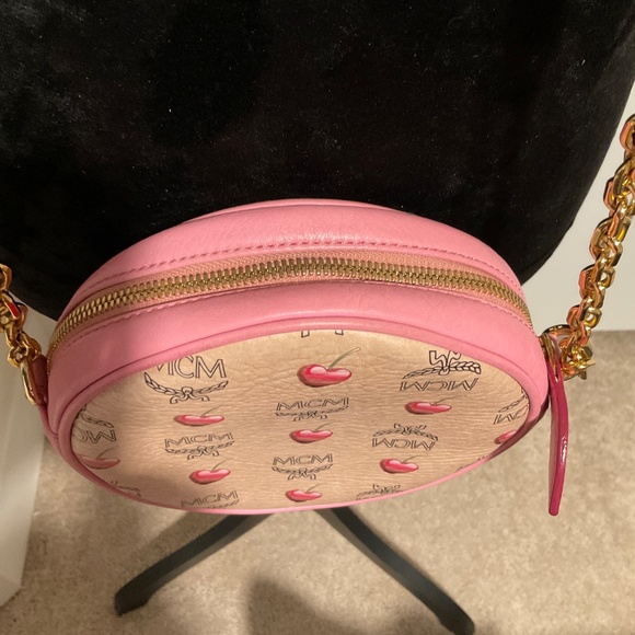 MCM Round Pink/Tan w/Cherries and Gold Chain Crossbody - Picture 12 of 16